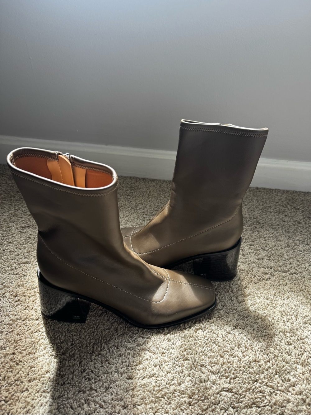 Sam Edelman Taupe Mid-Calf Block Heel Zip Boots